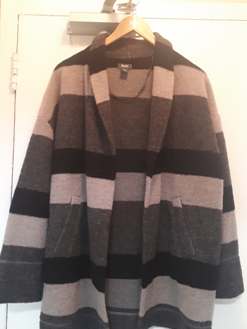 Roots Striped Wool-Blend Open-Front Cardigan/Coat in Gray and Black